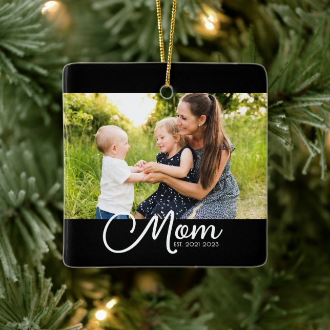 Mom Established Black White Script Photo  Ceramic Ornament (Tree)