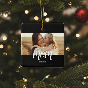 Mom Established Black White Script Photo  Ceramic Ornament