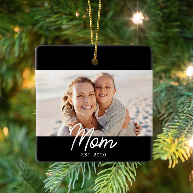 Mom Established Black White Script Photo Ceramic Ornament (Creator Uploaded)