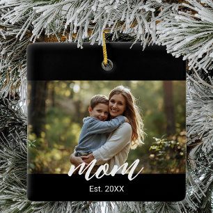 Mom Established Black White Script Photo Ceramic Ornament