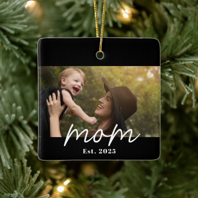 Mom Established Black White Script Photo Ceramic Ornament (Tree)