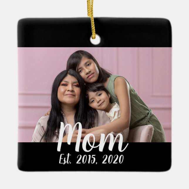 Mom Established Black White Script Photo  Ceramic Ornament (Front)