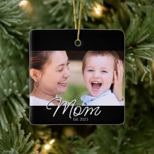 Mom Established Black White Script Photo Ceramic Ornament