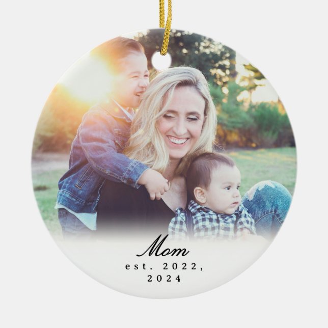 Mom Established Black White Script Photo Ornament (Front)
