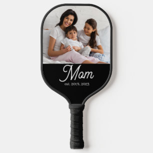 Mom Established Black White Script Photo Pickleball Paddle
