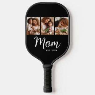 Mom Established Date Fun Script on Black 3 Photo Pickleball Paddle