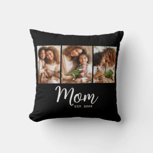 Mom Established Date Stylish Script Black 3 Photo Cushion