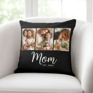 Mom Established Date Stylish Script Black 3 Photo Cushion
