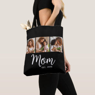 Mom Established Date White Script Black 3 Photo Tote Bag