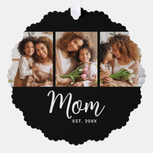 Mom Established Date White Script on Black 3 Photo Tree Decoration Card