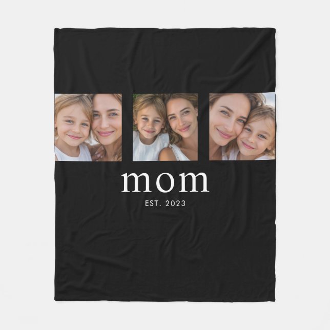 Mom Established Elegant Modern Black 3 Photo Fleece Blanket (Front)
