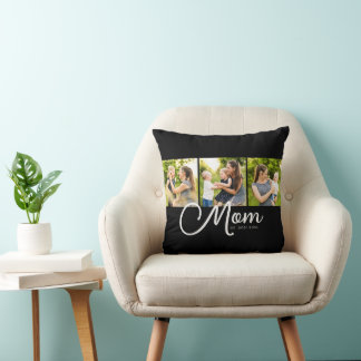 Mom Established Elegant Script Black 3 Photo Cushion