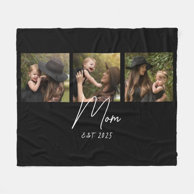 Mom Established Elegant Script Black 3 Photo Fleece Blanket (Front (Horizontal))