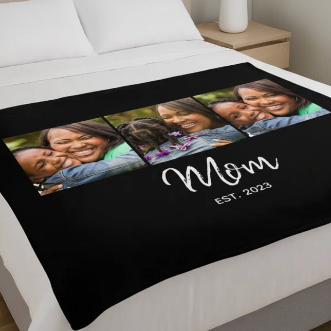 Mom Established Elegant Script Black 3 Photo  Fleece Blanket (Creator Uploaded)