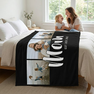 Mom Established Elegant Script Black 3 Photo Fleece Blanket