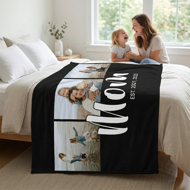 Mom Established Elegant Script Black 3 Photo Fleece Blanket (Mom Established Elegant Script Black 3 Photo Fleece Blanket)