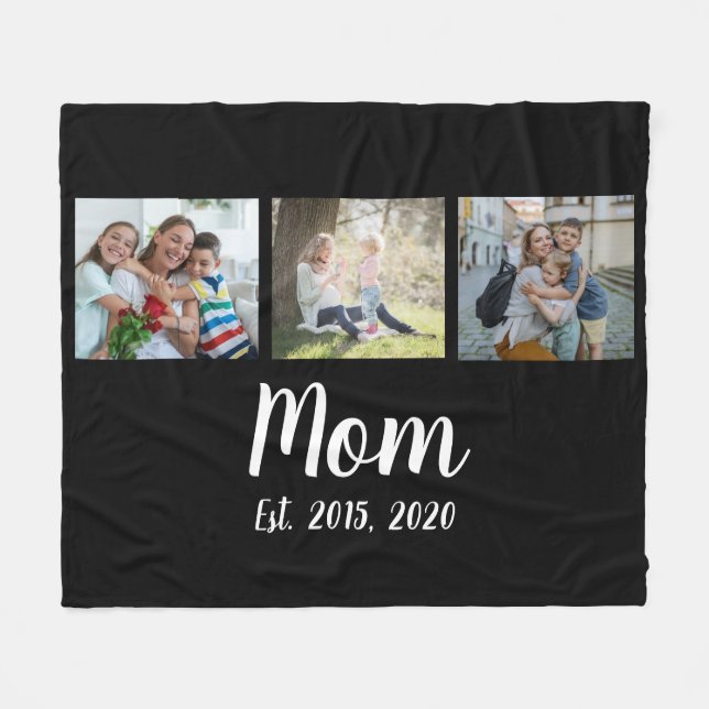 Mom Established Elegant Script Black 3 Photo Fleece Blanket (Front (Horizontal))