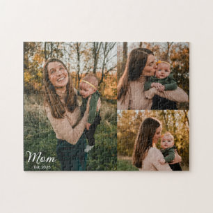 Mom Established Elegant Script Black 3 Photo Jigsaw Puzzle