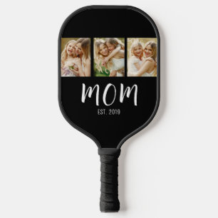 Mom Established Elegant Script Black 3 Photo Pickleball Paddle