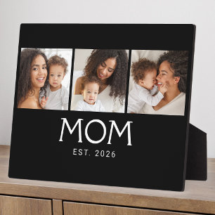 Mom Established Elegant Script Black 3 Photo Plaque