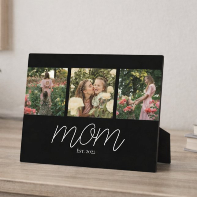 Mom Established Elegant Script Black 3 Photo  Plaque (Creator Uploaded)