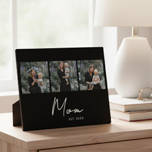 Mom Established Elegant Script Black 3 Photo Plaque