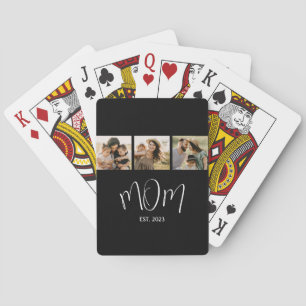 Mom Established Elegant Script Black 3 Photo Playing Cards