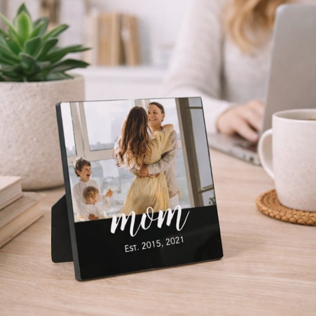 Mom Established Elegant Script Photo  Plaque (Creator Uploaded)