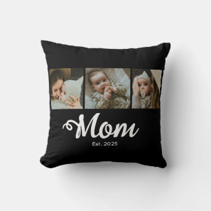 Mom Established Modern Bold Script Black 3 Photo Cushion