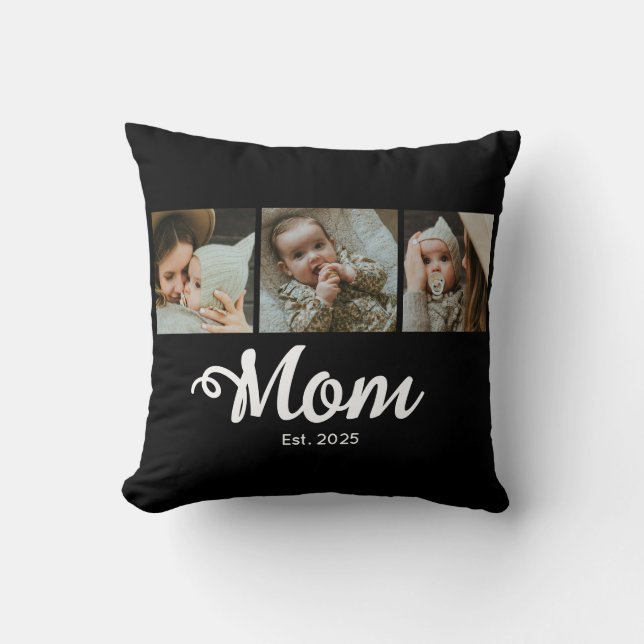 Mom Established Modern Bold Script Black 3 Photo Cushion (Front)