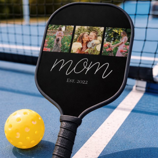 Mom Established Modern Bold Script Black 3 Photo Pickleball Paddle (Creator Uploaded)