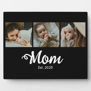 Mom Established Modern Bold Script Black 3 Photo Plaque