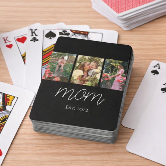 Mom Established Modern Bold Script Black 3 Photo Playing Cards (Creator Uploaded)