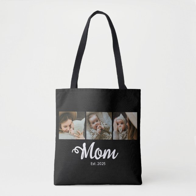 Mom Established Modern Bold Script Black 3 Photo Tote Bag (Front)