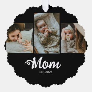Mom Established Modern Bold Script Black 3 Photo Tree Decoration Card