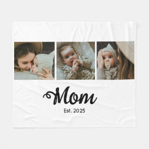 Mom Established Modern Bold Script White 3 Photo Fleece Blanket