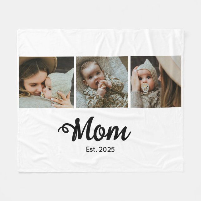Mom Established Modern Bold Script White 3 Photo Fleece Blanket (Front (Horizontal))