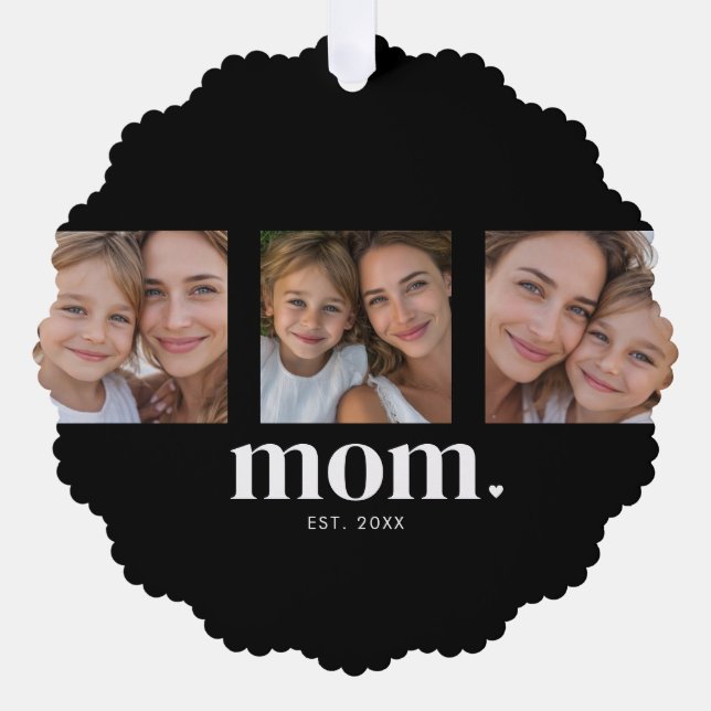 Mom Established Modern Minimal Black 3 Photo Tree Decoration Card (Front)