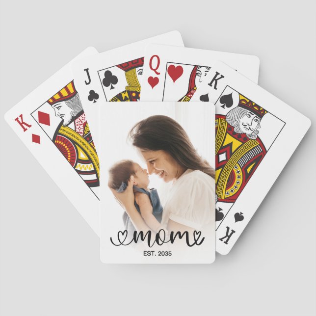 Mom Established Modern Photo Black Script Playing Cards (Back)