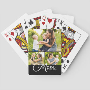 Mom Established Modern Script 3 Photo Playing Cards