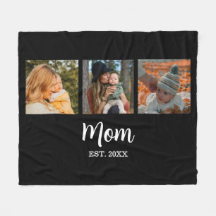 Mom Established Modern Script Black 3 Photo Fleece Blanket