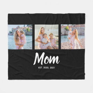 Mom Established Modern Script Black 3 Photo Fleece Blanket