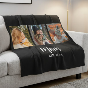 Mom Established Modern Script Black 3 Photo Fleece Blanket