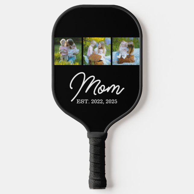 Mom Established Modern Script Black 3 Photo Pickleball Paddle (Front)