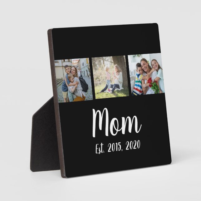Mom Established Modern Script Black 3 Photo Plaque (Front)