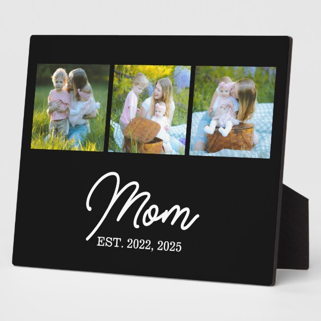 Mom Established Modern Script Black 3 Photo Plaque (Side)