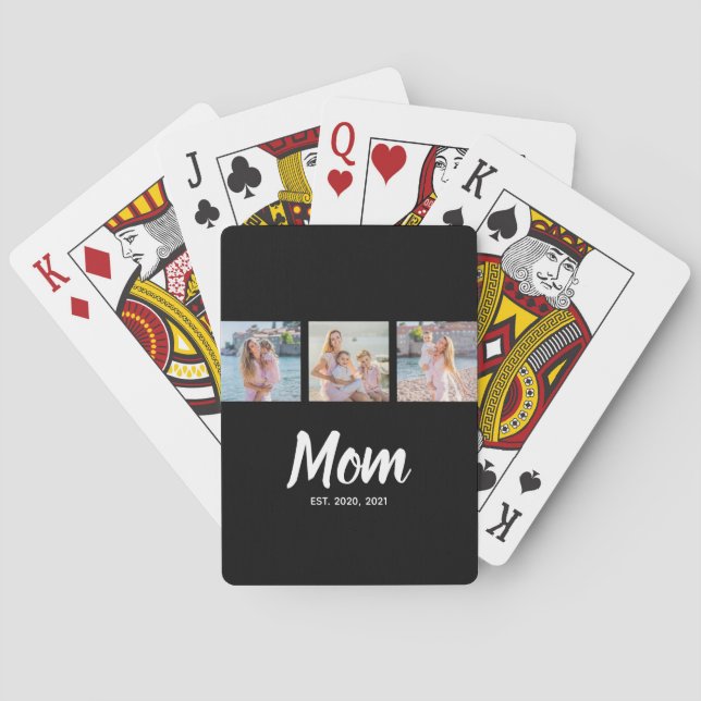 Mom Established Modern Script Black 3 Photo Playing Cards (Back)