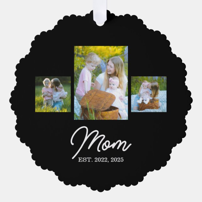 Mom Established Modern Script Black 3 Photo Tree Decoration Card (Front)