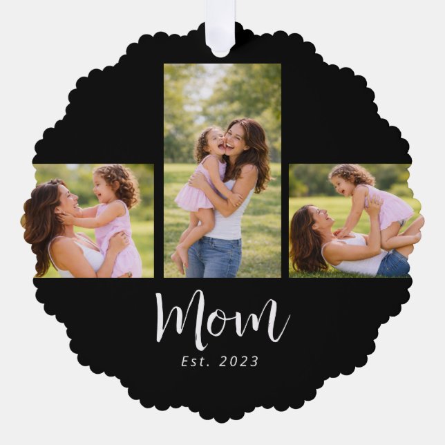 Mom Established Modern Script Black 3 Photo Tree Decoration Card (Front)