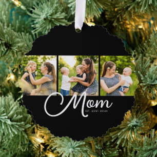 Mom Established Modern Script Black 3 Photo Tree Decoration Card